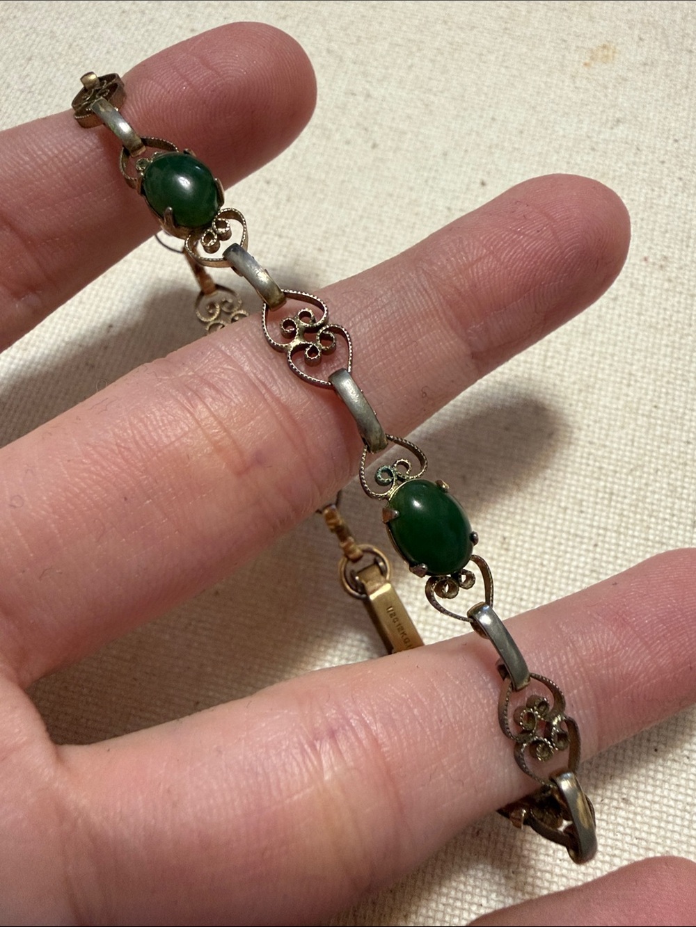 1/20 12K GF gold filled Green Stone Filigree Women's Bracelet 7’ inch